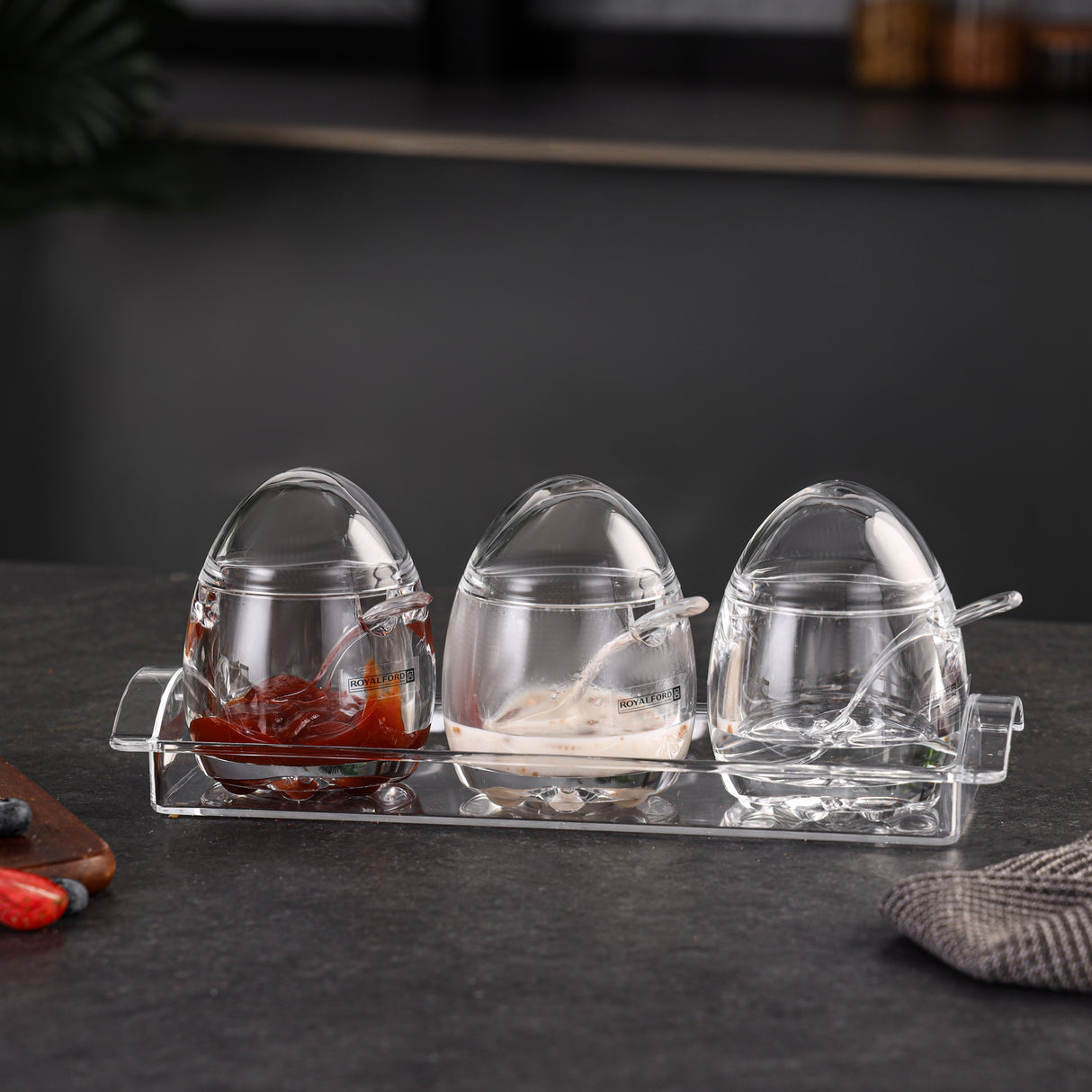 Royalford RF12769 Acrylic Seasoning Jar Set with Spoons & Tray | Odor & Lead Free | Top Rack Dishwasher Safe |  Clear Condiment Storage for Kitchen & Dining Table Use