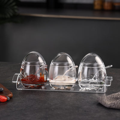 Royalford RF12769 Acrylic Seasoning Jar Set with Spoons & Tray | Odor & Lead Free | Top Rack Dishwasher Safe |  Clear Condiment Storage for Kitchen & Dining Table Use