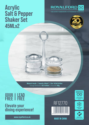 Royalford RF12770 Acrylic Salt & Pepper Shaker Set with Holder | Clear Acrylic Spice Dispenser | Lead-Free & Odor-Free Kitchen Table Seasoning Containers |Tabletop Design
