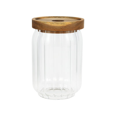Royalford RF12772 Borosilicate Glass Jar with Wooden Lid| Airtight BPA Free, Food Storage & Container| Transparent Kitchen Organizer Jar with Silicone Seal for Storage|