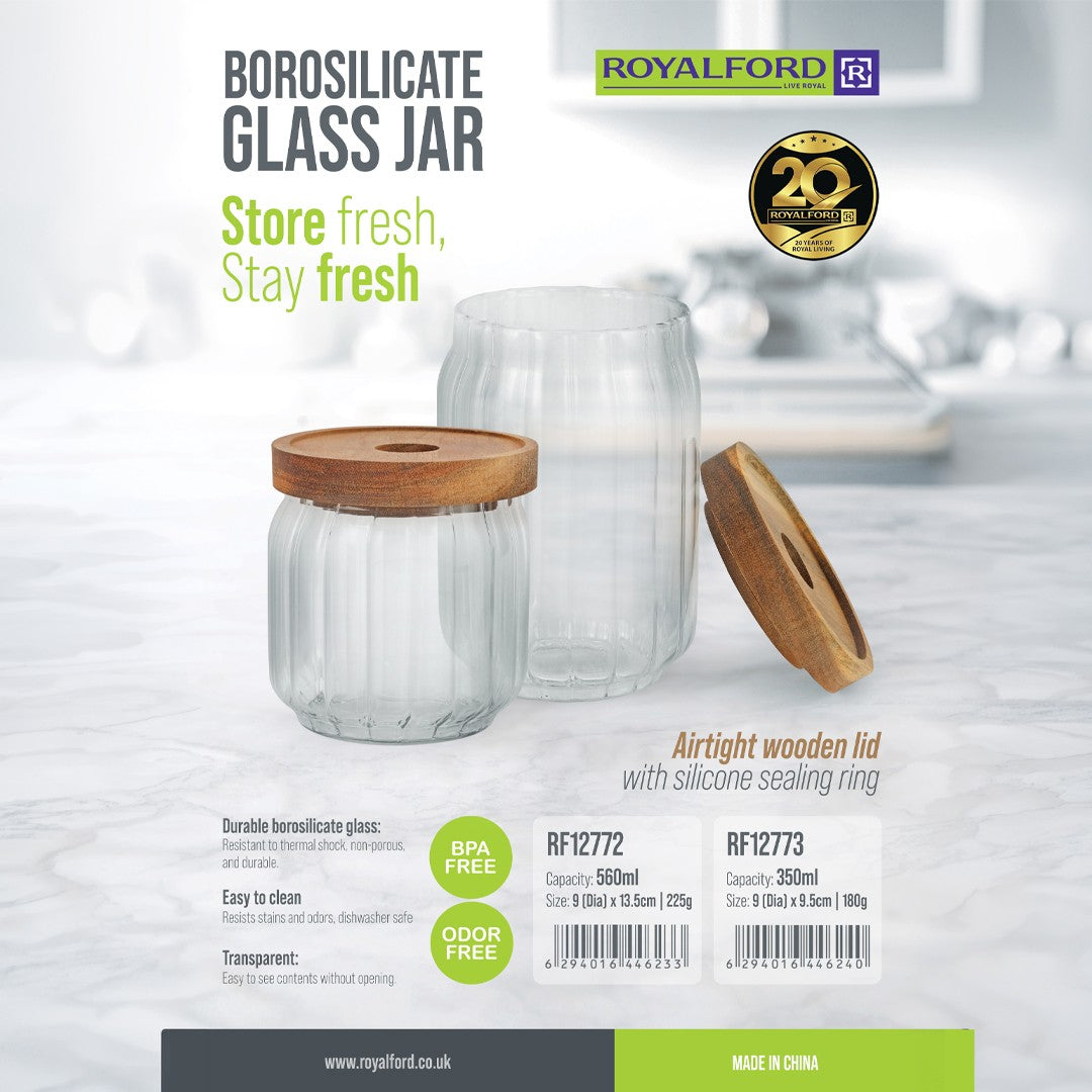 Royalford RF12772 Borosilicate Glass Jar with Wooden Lid| Airtight BPA Free, Food Storage & Container| Transparent Kitchen Organizer Jar with Silicone Seal for Storage|