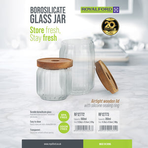 Royalford RF12772 Borosilicate Glass Jar with Wooden Lid| Airtight BPA Free, Food Storage & Container| Transparent Kitchen Organizer Jar with Silicone Seal for Storage|