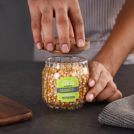 Royalford RF12773  Borosilicate Glass Jars| airtight wooden lids with silicone seals & BPA-free| odor-free, dishwasher-safe, ideal for storing dry foods, spices & snacks|
