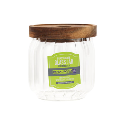Royalford RF12773  Borosilicate Glass Jars| airtight wooden lids with silicone seals & BPA-free| odor-free, dishwasher-safe, ideal for storing dry foods, spices & snacks|