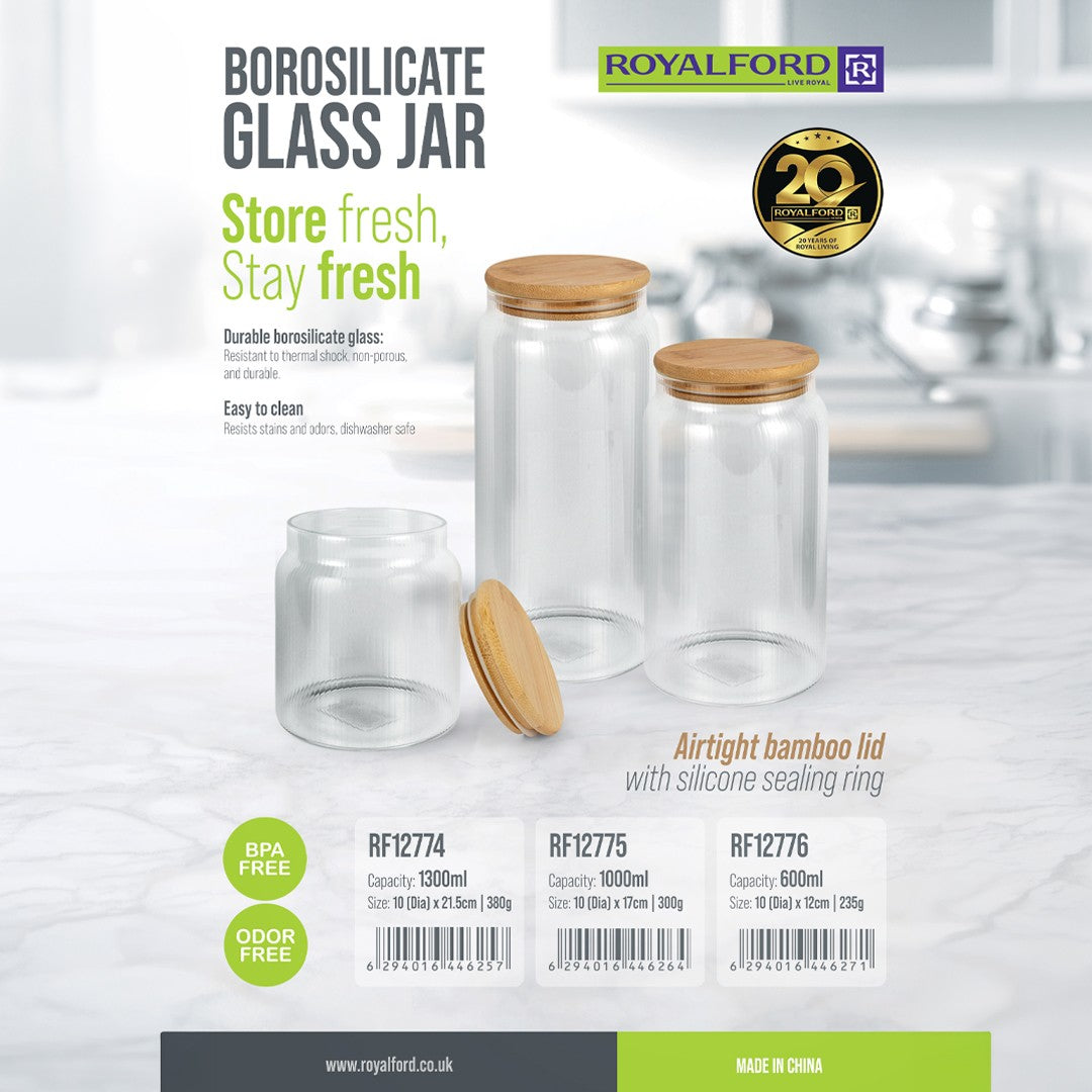 Royalford RF12775 Borosilicate Glass Jar| Bamboo Lid with Airtight BPA Free Transparent Food Storage Container|  Organizer for Spices Snacks Dry Foods and Pantry Storage|