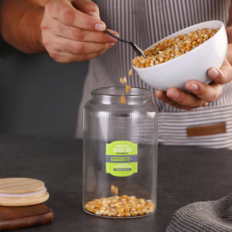 Royalford RF12775 Borosilicate Glass Jar| Bamboo Lid with Airtight BPA Free Transparent Food Storage Container|  Organizer for Spices Snacks Dry Foods and Pantry Storage|