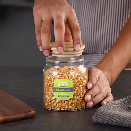 Royalford RF12776 Borosilicate Glass Jars| airtight bamboo lids with BPA-free, odor-free & durable| dishwasher-safe, perfect for storing dry foods, snacks, and spices|