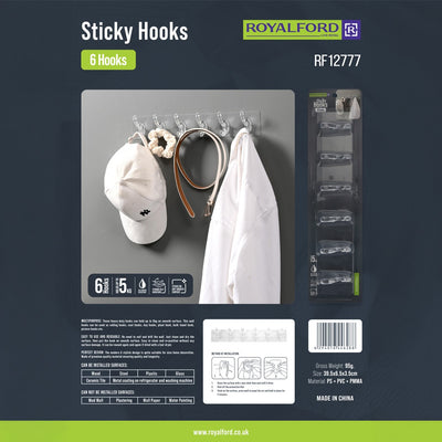Royalford RF12777 6 Hooks Sticky Hooks | Heavy Duty Self Adhesive Wall Hooks  |  Strong Hold Up to 5kg  | Transparent Hooks for Kitchen, Bathroom and  Office Use