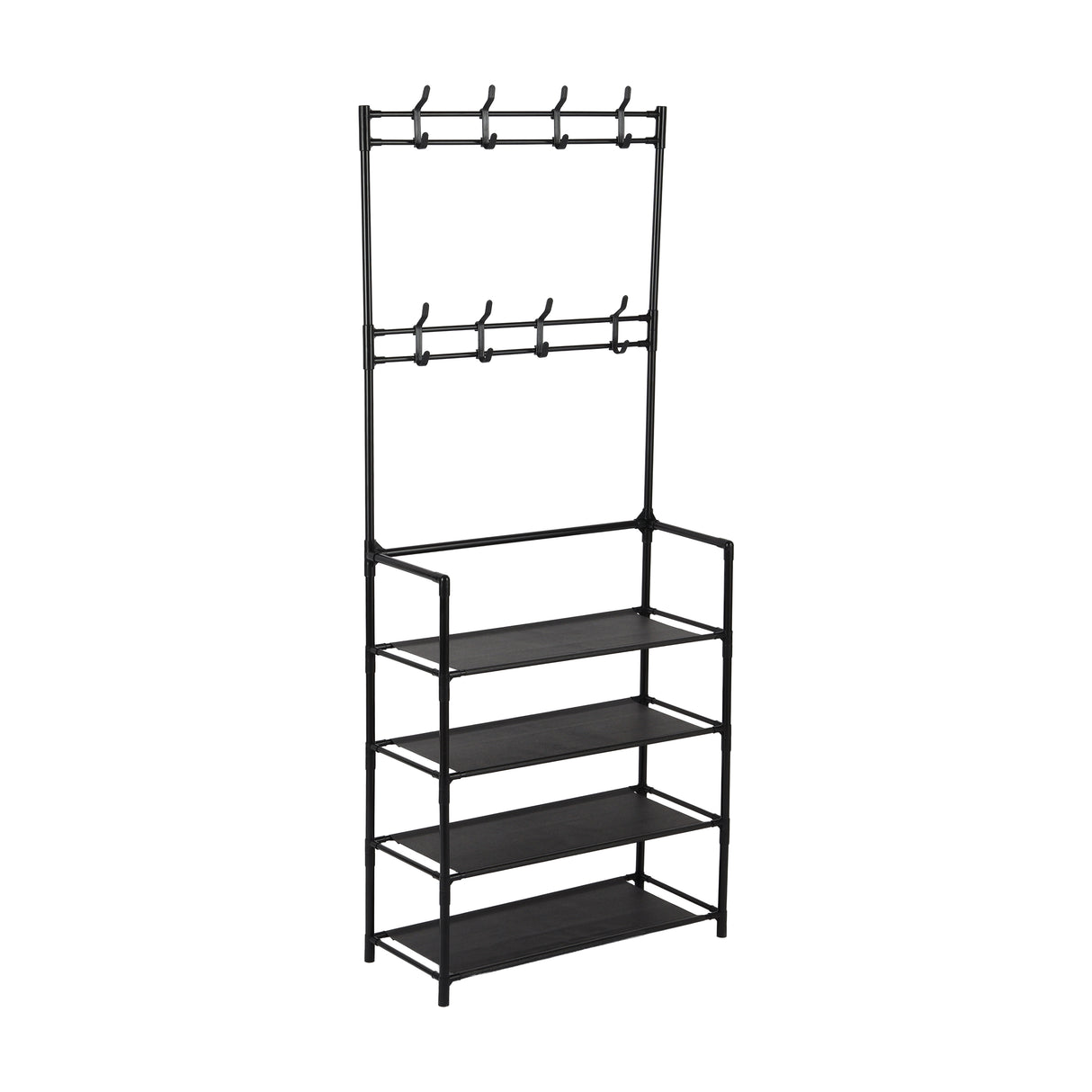 Royalford RF12781 Portable Shoe Rack | 4 Spacious Shelves & 8 Hooks | Floor Standing Multipurpose Organizer | Durable Iron Frame with PP Connectors | Easy To Assembly