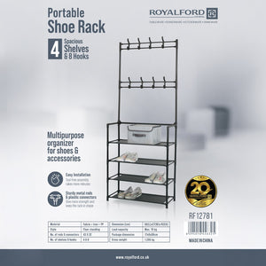 Royalford RF12781 Portable Shoe Rack | 4 Spacious Shelves & 8 Hooks | Floor Standing Multipurpose Organizer | Durable Iron Frame with PP Connectors | Easy To Assembly