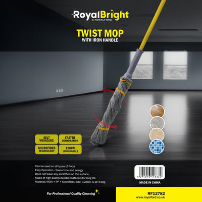 Royalford RF12782 Twist Mop with Iron Handle | Microfiber Self-Wringing Floor Mop 128cm Long Handle | Fast Dehydration System | Heavy Duty Cleaning for All Floor Types