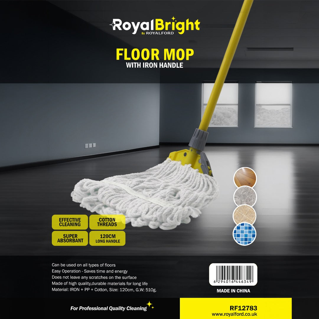 Royalford RF12783 Floor Mop with Iron Handle 120cm Long | Super Absorbent Cotton Threads Cleaning Mop for All Floor Types| Durable Scratch-Free Professional Cleaning Tool