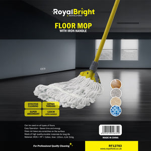 Royalford RF12783 Floor Mop with Iron Handle 120cm Long | Super Absorbent Cotton Threads Cleaning Mop for All Floor Types| Durable Scratch-Free Professional Cleaning Tool
