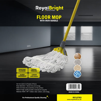 Royalford RF12783 Floor Mop with Iron Handle 120cm Long | Super Absorbent Cotton Threads Cleaning Mop for All Floor Types| Durable Scratch-Free Professional Cleaning Tool
