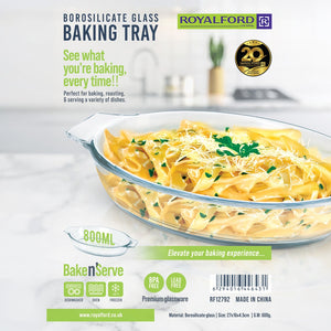 Royalford RF12792 Borosilicate Glass Baking Tray 800ML| oven, freezer & dishwasher safe| BPA-free bake & serve dish with transparent design for baking and serving|
