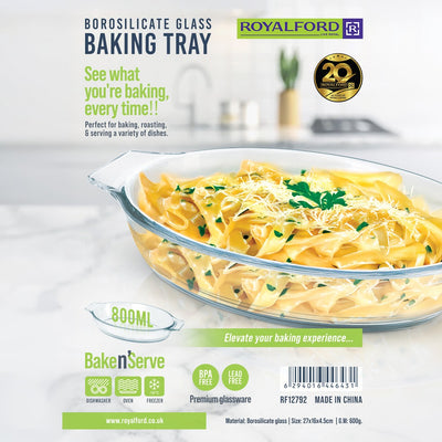 Royalford RF12792 Borosilicate Glass Baking Tray 800ML| oven, freezer & dishwasher safe| BPA-free bake & serve dish with transparent design for baking and serving|