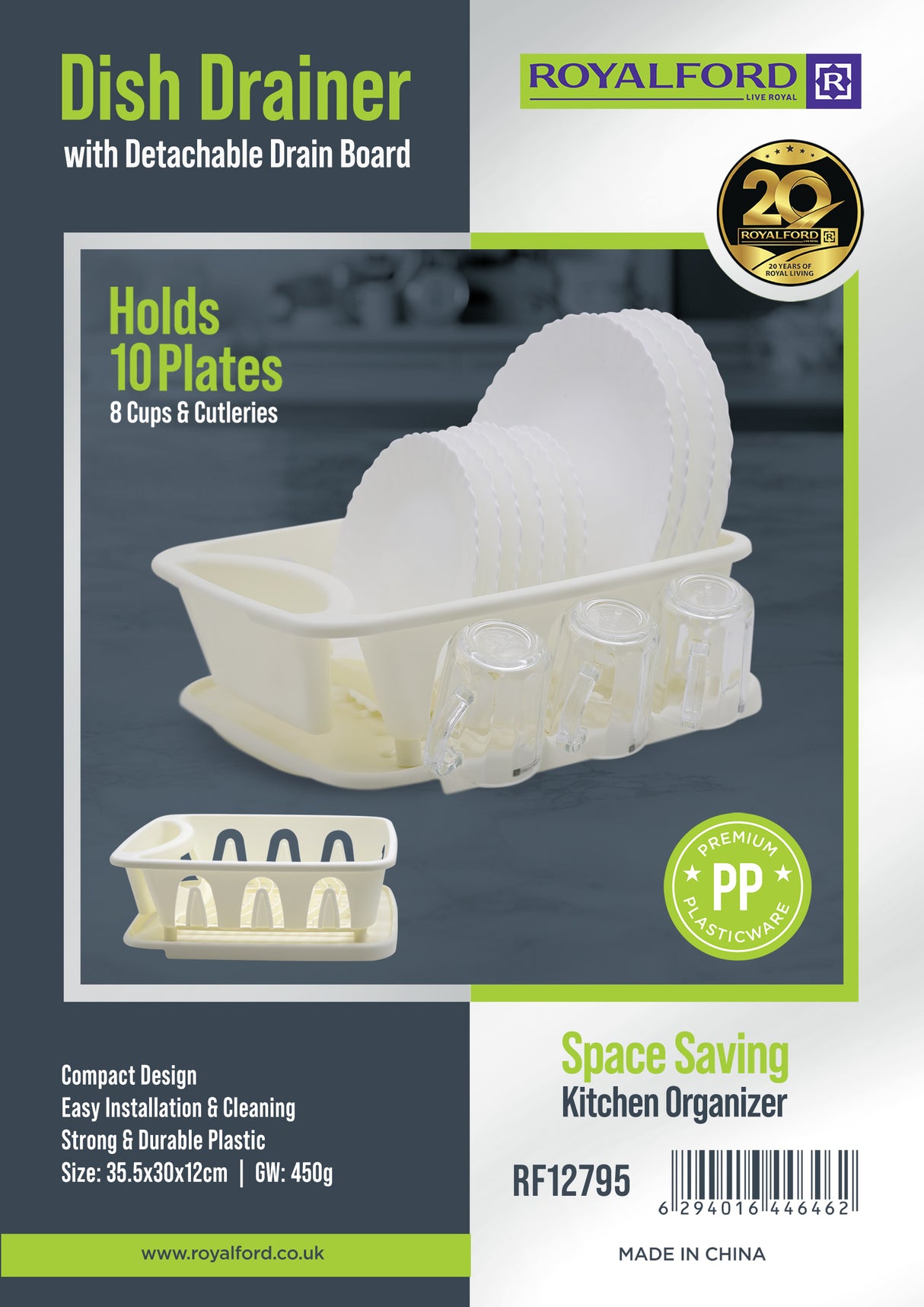 Royalford RF12795 Dish Drainer with Detachable Drain Board | Holds 10 Plates & 8 Cups with Cutlery | Premium PP Plastic Space Saving Kitchen Countertop Organizer