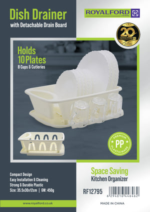 Royalford RF12795 Dish Drainer with Detachable Drain Board | Holds 10 Plates & 8 Cups with Cutlery | Premium PP Plastic Space Saving Kitchen Countertop Organizer