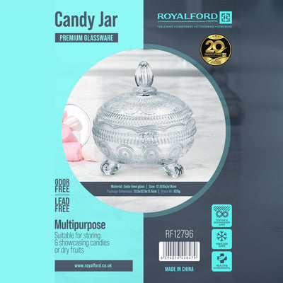 Royalford RF12796 premium glass candy jar with lid| durable soda lime glass & elegant design| ideal for storing candies, dry fruits, snacks, freezer and multipurpose use|