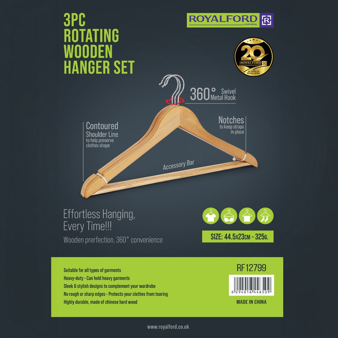 Royalford RF12799 3PC Rotating Wooden Hanger Set| 360° Swivel Hook with Contoured Design & Notches Accessory Bar| Heavy Duty Durable Clothes Hangers for All Garments|