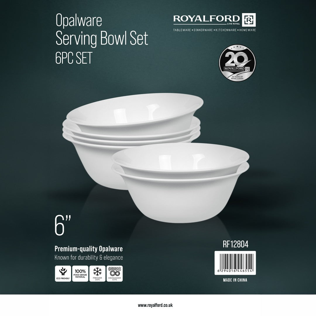 Royalford RF12804 Opalware Serving Bowl Set | 6 Pieces 6 Inch Premium White Food Grade Dinnerware Bowls| Dishwasher Safe | Freezer Safe, Durable  & Eco Friendly  Bowls
