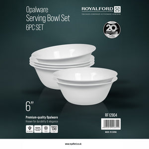 Royalford RF12804 Opalware Serving Bowl Set | 6 Pieces 6 Inch Premium White Food Grade Dinnerware Bowls| Dishwasher Safe | Freezer Safe, Durable  & Eco Friendly  Bowls