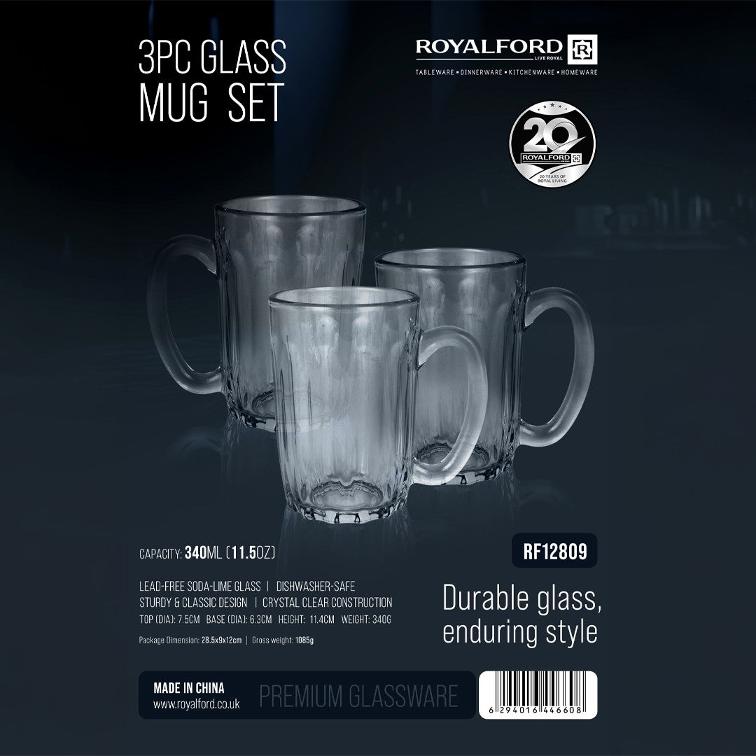 Royalford RF12809 Glass Mug Set | includes 3 clear 340ML mugs made from durable lead-free glass| sturdy handles, dishwasher-safe design, ideal for tea, coffee |