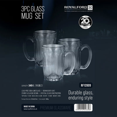Royalford RF12809 Glass Mug Set | includes 3 clear 340ML mugs made from durable lead-free glass| sturdy handles, dishwasher-safe design, ideal for tea, coffee |