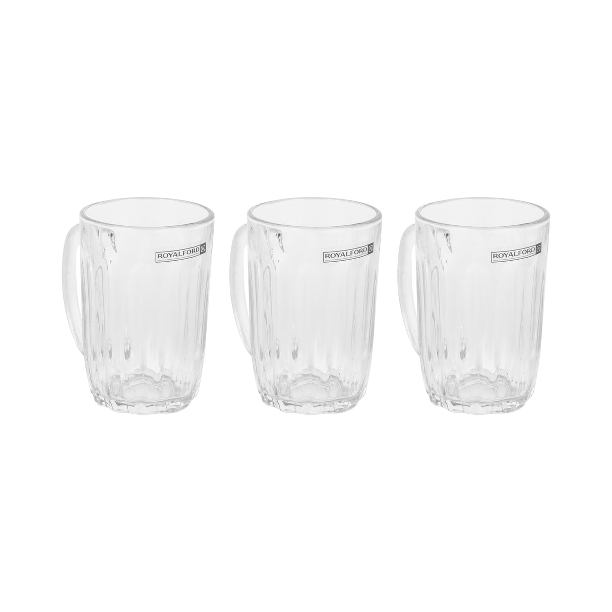 Royalford RF12809 Glass Mug Set | includes 3 clear 340ML mugs made from durable lead-free glass| sturdy handles, dishwasher-safe design, ideal for tea, coffee |
