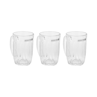 Royalford RF12809 Glass Mug Set | includes 3 clear 340ML mugs made from durable lead-free glass| sturdy handles, dishwasher-safe design, ideal for tea, coffee |