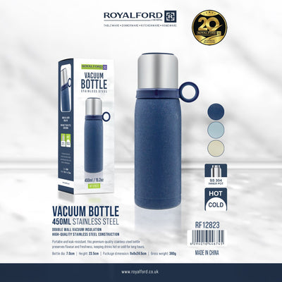 Royalford RF12823 450ml Stainless Steel Vacuum Bottle | Double Wall Insulation | SS304 Inner Steel | Hot & Cold Retention | Leak Resistant Lid | Portable Travel Flask