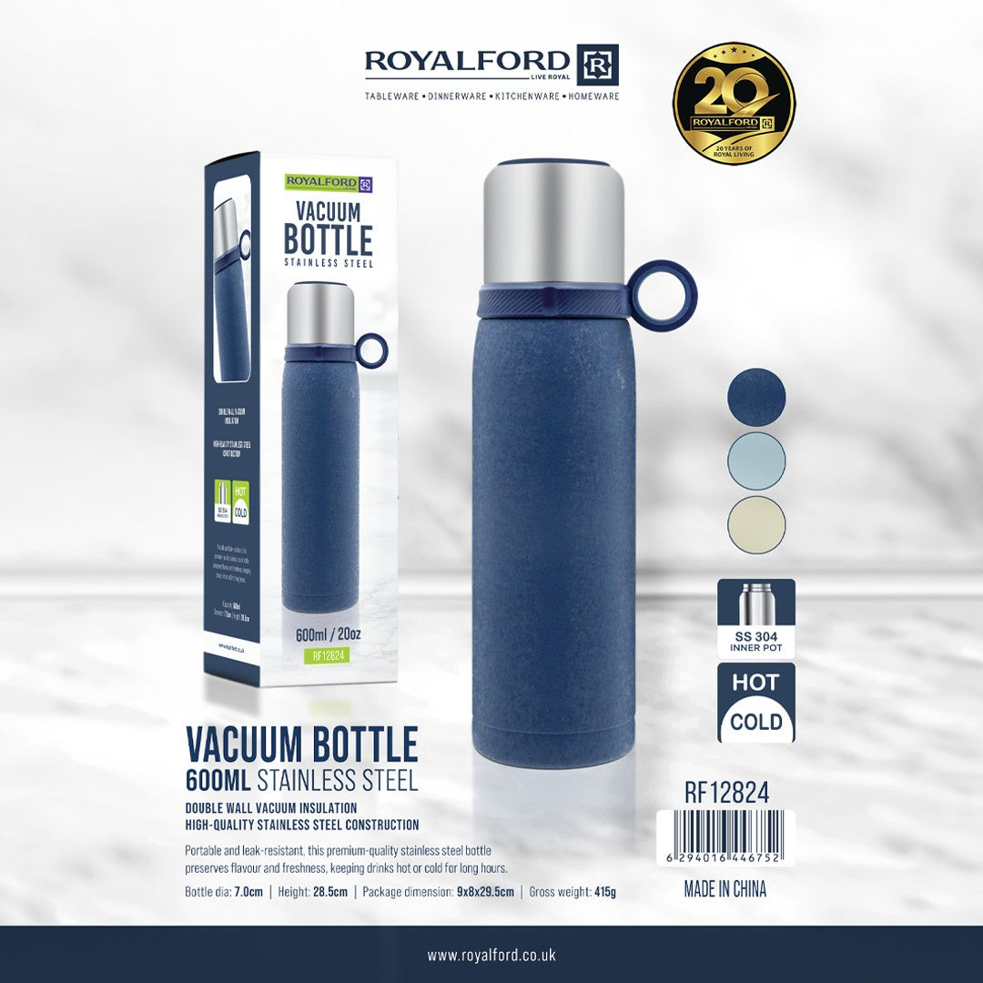 Royalford RF12824 600ml Stainless Steel Vacuum Bottle | Double Wall Insulated Flask | SS304 Inner | Leak-Resistant Hot & Cold Water Bottle for Travel, Office & Gym Use