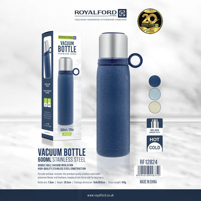 Royalford RF12824 600ml Stainless Steel Vacuum Bottle | Double Wall Insulated Flask | SS304 Inner | Leak-Resistant Hot & Cold Water Bottle for Travel, Office & Gym Use