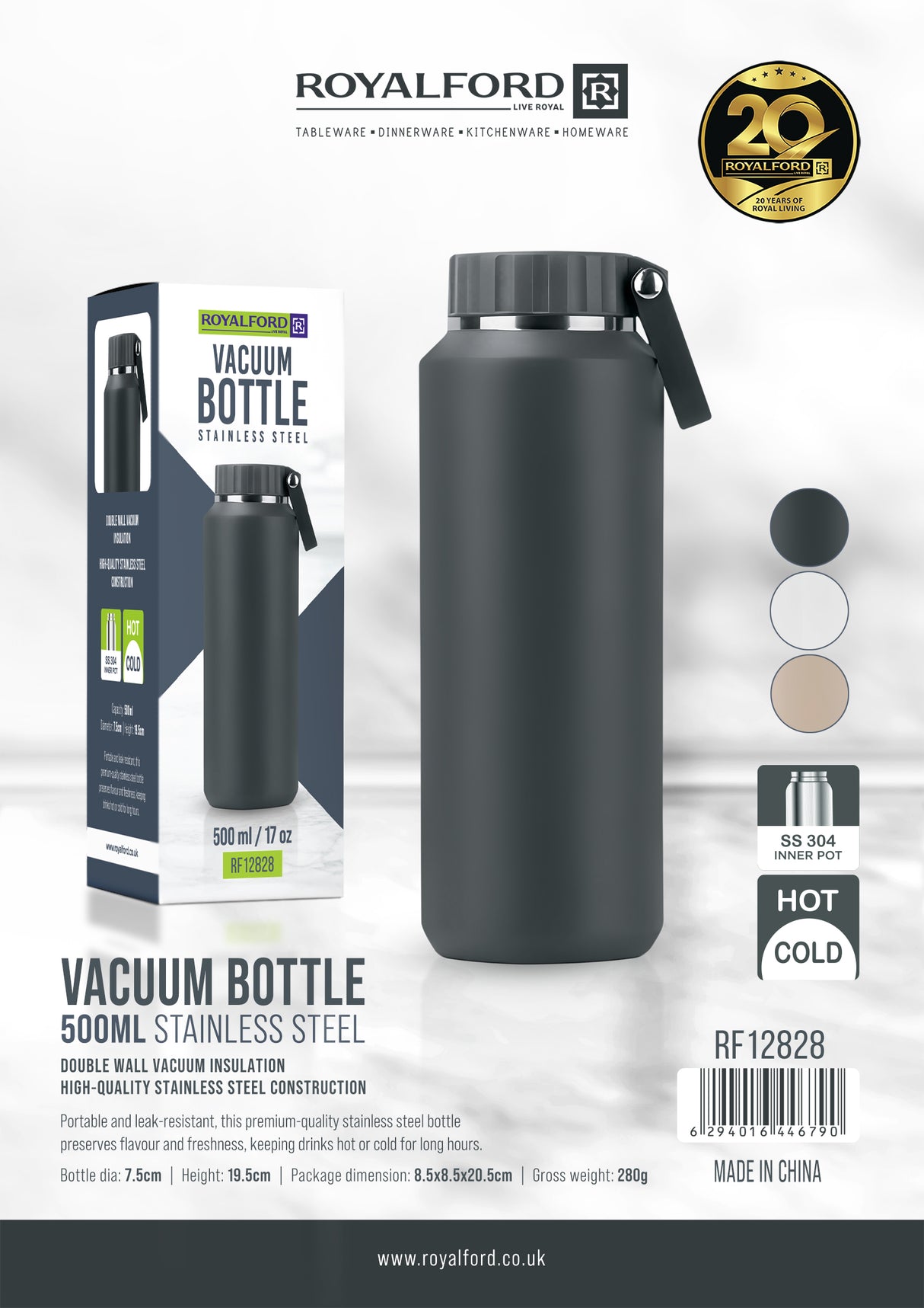 Royalford RF12828 500ml Stainless Steel Vacuum Bottle | SS304 Inner | Double Wall Insulated Hot & Cold Travel Flask | Leak Resistant  Water Bottle with Carry Handle