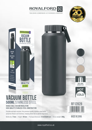 Royalford RF12828 500ml Stainless Steel Vacuum Bottle | SS304 Inner | Double Wall Insulated Hot & Cold Travel Flask | Leak Resistant  Water Bottle with Carry Handle