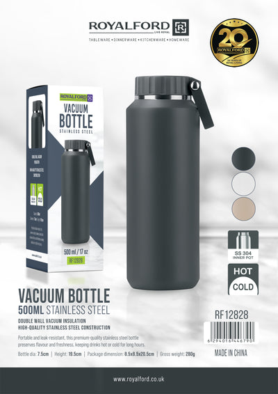 Royalford RF12828 500ml Stainless Steel Vacuum Bottle | SS304 Inner | Double Wall Insulated Hot & Cold Travel Flask | Leak Resistant  Water Bottle with Carry Handle