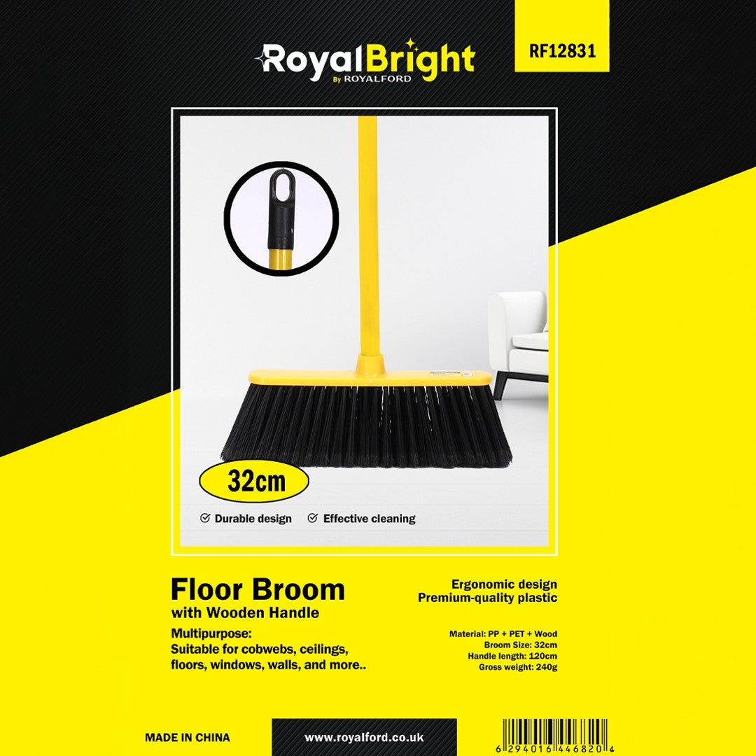 Royalford RF12831 RoyalBright Floor Broom | 32cm wide head with durable bristles and strong wooden handle| ergonomic design for efficient multipurpose cleaning|
