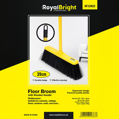 Royalford RF12832 Floor Broom| 39cm wide head and 120cm wooden handle| offering durable, ergonomic, multipurpose cleaning for floors, walls, ceilings and more|