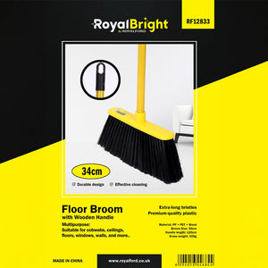 Royalford RF12833 Floor Broom| 34cm wide head with extra-long bristles and a sturdy 120cm wooden handle| ergonomic, multipurpose cleaning for home, walls & ceilings|