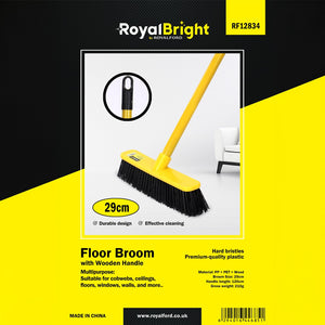 Royalford RF12834 RoyalBright Floor Broom| 29cm head, hard bristles & durable wooden handle| ergonomic design for precise & efficient multipurpose cleaning use|