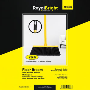 Royalford RF12835 Floor Broom| 29cm wide head, durable PP, PET & wooden handle| ergonomic grip, lightweight, ideal for floors, walls, ceilings & cobweb cleaning|