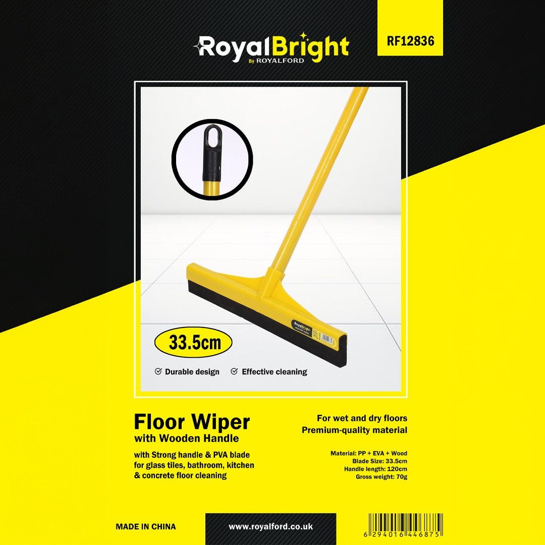 Royalford RF12836 Floor Wiper | 33.5cm PVA blade, durable wooden handle & ergonomic design| ideal for efficient wet and dry floor cleaning at home or workplace|