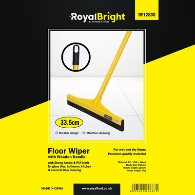 Royalford RF12836 Floor Wiper | 33.5cm PVA blade, durable wooden handle & ergonomic design| ideal for efficient wet and dry floor cleaning at home or workplace|
