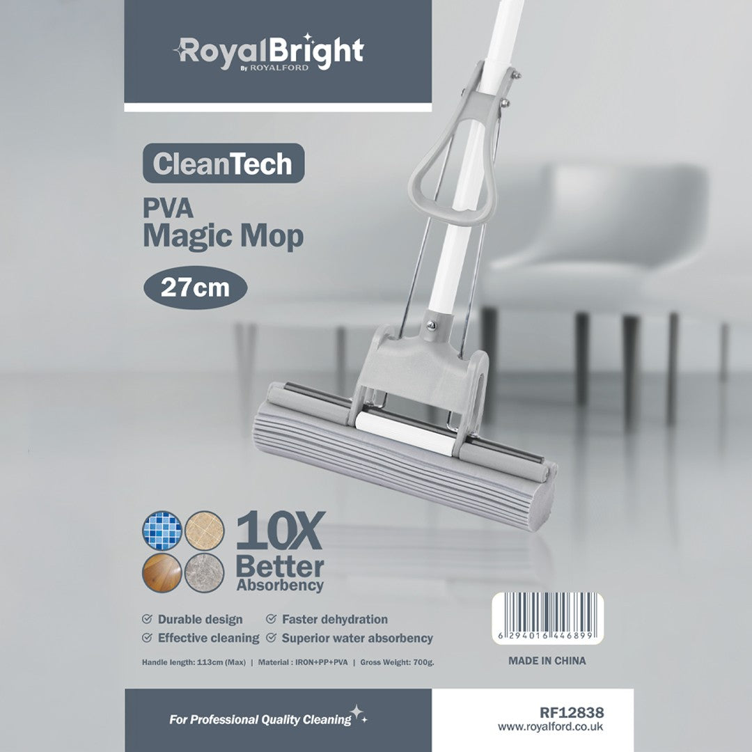 Royalford RF12838 CleanTech 27cm PVA Magic Mop | 10X Better Absorbency | Durable Iron & PP Build | Fast Dehydration System and Wide Head for Efficient Floor Cleaning