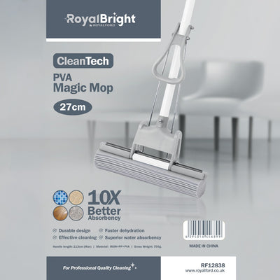 Royalford RF12838 CleanTech 27cm PVA Magic Mop | 10X Better Absorbency | Durable Iron & PP Build | Fast Dehydration System and Wide Head for Efficient Floor Cleaning