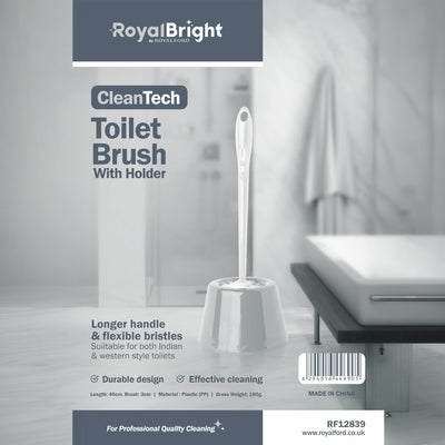 Royalford RF12839 CleanTech Toilet Brush with Holder| durable PP build, long handle & flexible bristles| hygienic holder, effective deep cleaning, ideal for daily use|