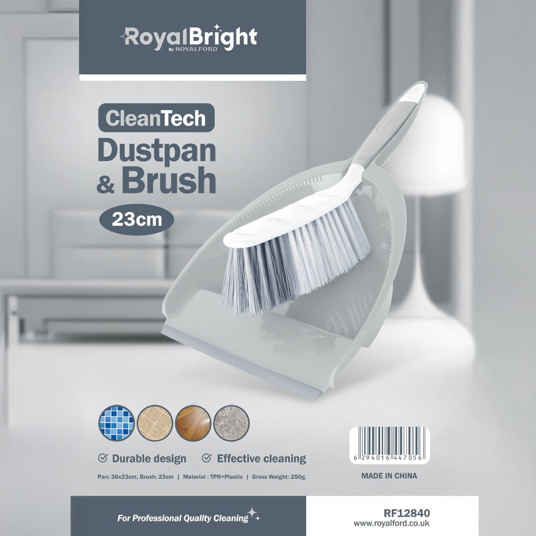 Royalford RF12840 CleanTech Dustpan and Brush Set | 23cm Durable Hand Broom | Plastic Dust Pan| Ergonomic Handle | Household Cleaning Tool for  Kitchen, Office & Home