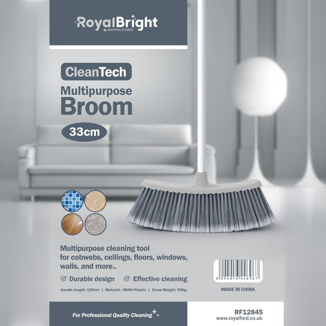 Royalford RF12845 CleanTech Multipurpose Broom 33cm with 130cm Long Handle | Strong Bristles |  Durable Floor Cleaning Broom for Tiles, Wood, Marble, Walls & Ceilings