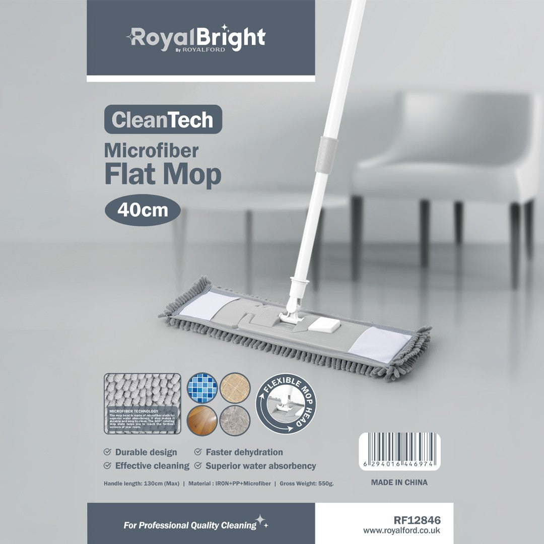 Royalford RF12846 CleanTech 40cm Microfiber Flat Mop | Flexible Head | 130cm Handle| High Water Absorbency | Fast Drying | Durable Floor Cleaning Mop for Home & Office