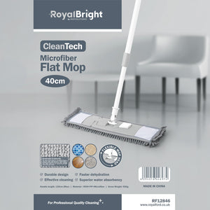 Royalford RF12846 CleanTech 40cm Microfiber Flat Mop | Flexible Head | 130cm Handle| High Water Absorbency | Fast Drying | Durable Floor Cleaning Mop for Home & Office